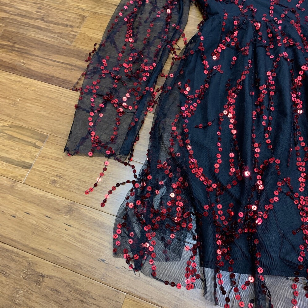 Cupshe Sequin Party Dress Women Size Large Black Red Long Sleeve Mini Mesh Tulle - Picture 3 of 8